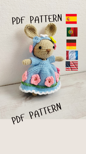 Bunny With Blue Dress CROCHET Tutorial PDF Pattern in US English,German,French, Portuguese and Spanish ,Amigurumi Pattern in Pdf