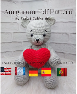 Crochet Bear Pattern in PDF in US English, German, French, Portuguese and Spanish, Amigurumi Pattern in PDF,Gift for love.