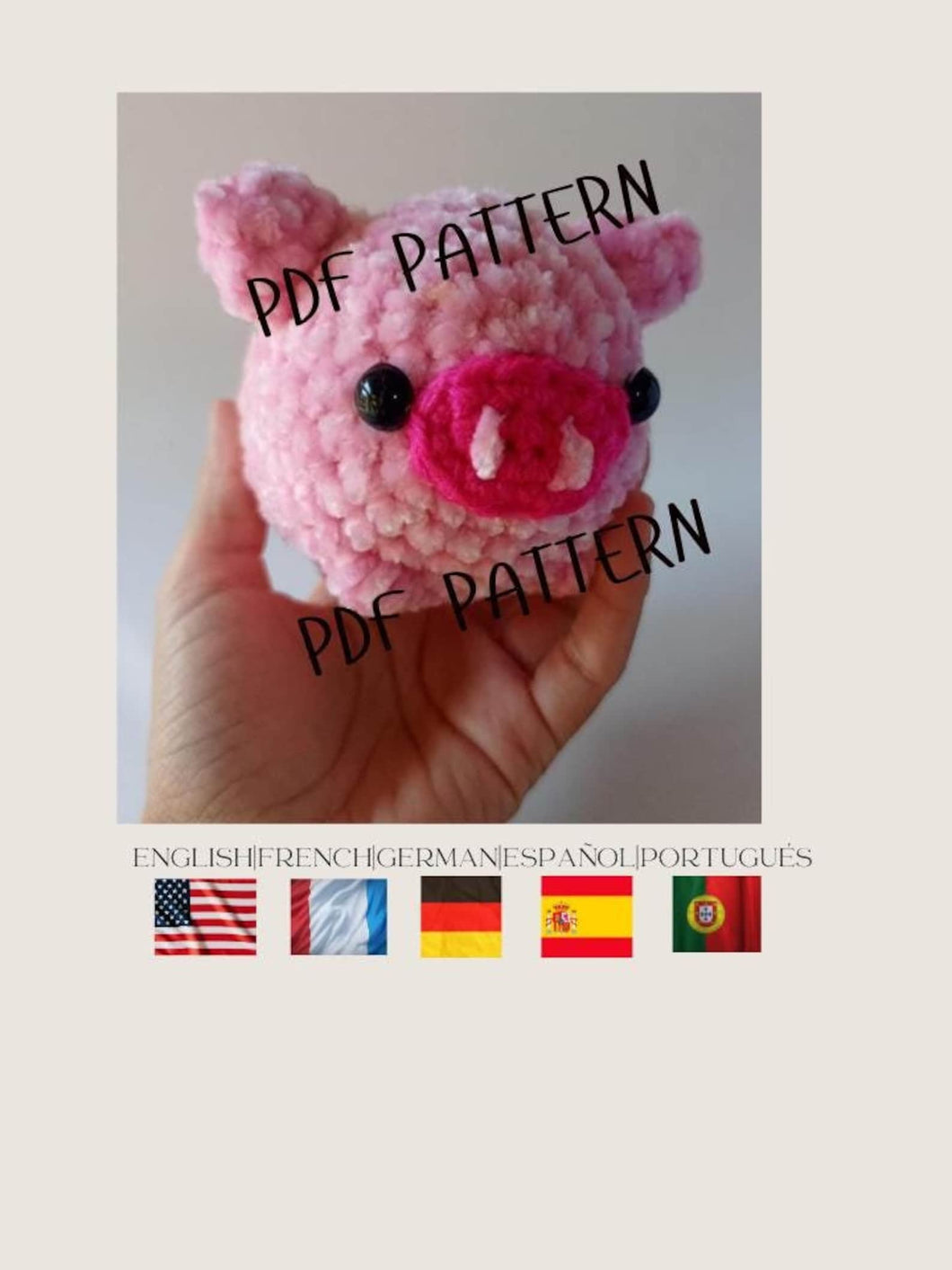 Pig Crochet Amigurumi Pattern PDF in 5 Languages US English, German, Spanish, French and Portuguese, Pig Crochet Pattern in PDF