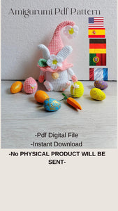 Easter Bunny and Eggs Crochet Pattern PDF, Crochet Bunny Gnome Amigurumi Tutorial PDF in US English, German, Spanish, French and Portuguese